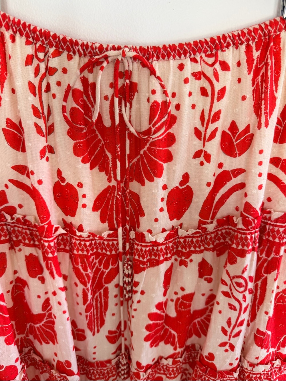 Farm Rio Red & Cream Floral Tiered Maxi Skirt XS Beaded Tassels - Picture 2 of 9